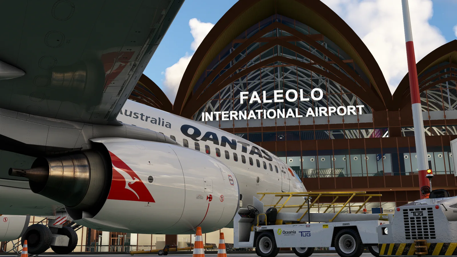 Pesawat Qantas di terminal Bandara Internasional Faleolo
